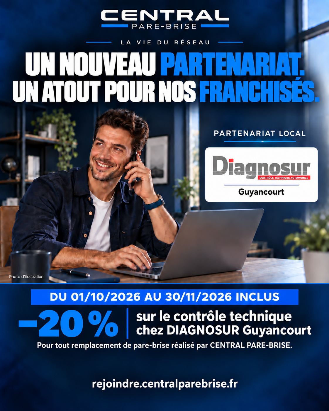 Annonce du partenariat local CENTRAL PARE-BRISE et DIAGNOSUR Guyancourt : −20 % sur le contrôle technique, du 1er octobre au 30 novembre 2026 inclus, après un remplacement de pare-brise. Photo d’illustration.